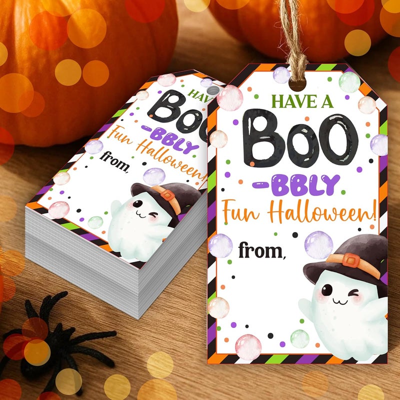 HandEasy 50 Pcs Halloween Tags with String, 2.1"×3.5" Ghost Paper Gifts Tags, Boo Trick or Treat for Candy, Halloween Gifts Tag Wrap for Party Favor - B07 - Image 1